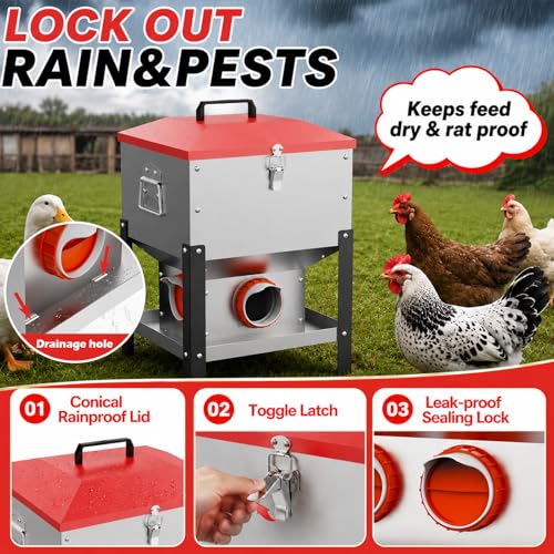 35LB Large Automatic Chicken Feeder- 4 Ports Metal Chicken Feeders, Dual No Waste Design with Locking Lid & Riveted Handles, Rainproof Poultry Feeder for Chickens, Ducks, Geese - size: 4 Ports