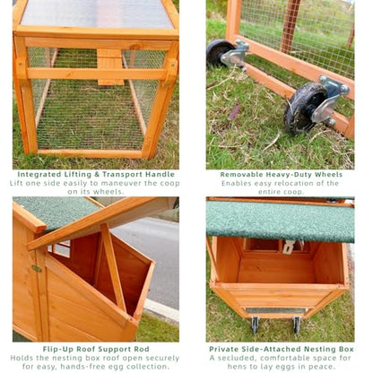 Mobile Chicken Coop with Wheels, Portable Hen House for 4-6 Chickens, Wood Outdoor Poultry Cage with Large Run, Waterproof Asphalt Roof, Side Nesting Box and Easy Clean Slide-Out Tray