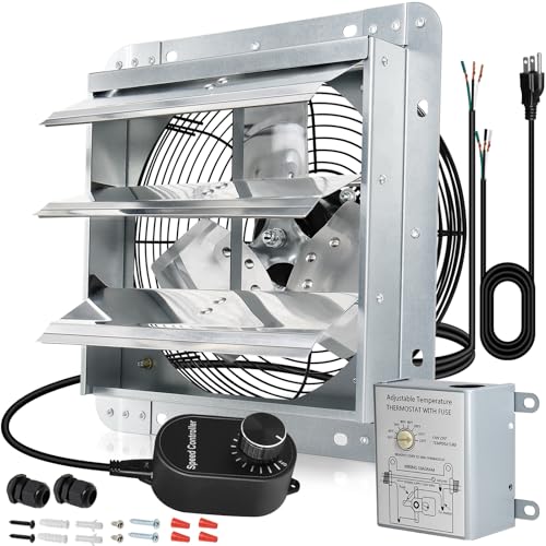 Hiorucet 14'' Shutter Exhaust Fan, High Performance Low Noise Garage Louvered Exhaust Fan Wall Mounted with Thermostat and Speed Controller for Greenhouse, Shop, Attics, Chicken Coop, Shed, Basement. - color: With Thermostat & Speed Controller, size: 14''