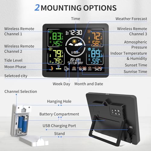 Weather Stations Wireless Indoor Outdoor Thermometer with Multiple Sensors, 7.5" VA Display Weather Forecast Station with Atomic Clock, Temperature, Humidity and Adjustable Backlight for Home