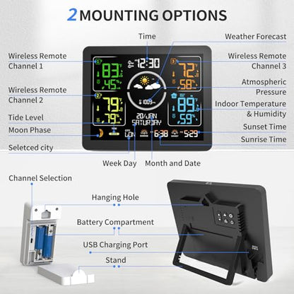 Weather Stations Wireless Indoor Outdoor Thermometer with Multiple Sensors, 7.5" VA Display Weather Forecast Station with Atomic Clock, Temperature, Humidity and Adjustable Backlight for Home
