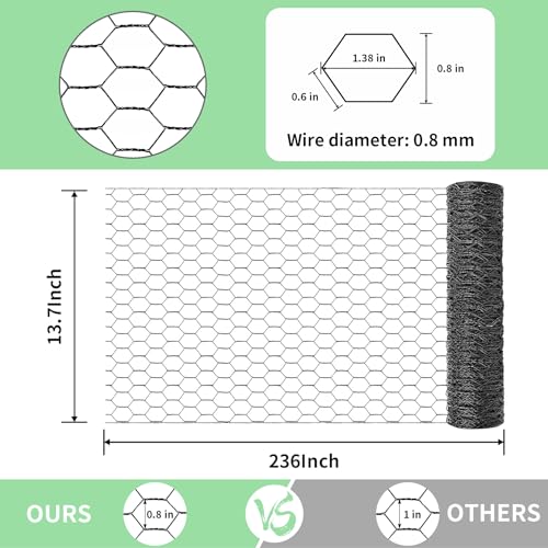 Chicken Wire 13.7 in x 236 in Poultry Wire Netting Hexagonal Galvanized Mesh Garden Fence Barrier for Pet Rabbit Chicken Fencing (PVC-Coated) - color: Black, size: 13.7"x236"+0Ties