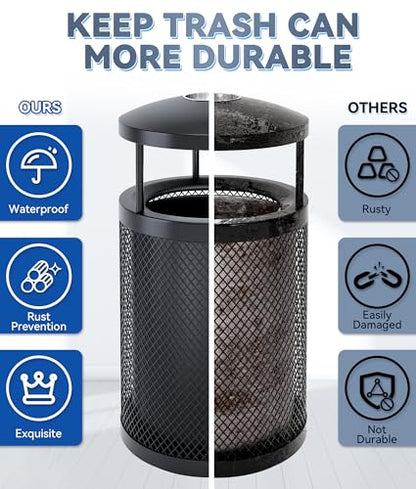 Outdoor Trash Can Commercial, Heavy Duty Large Metal Garbage Can for All Weather Resistant, Garbage Bin Waste Receptacle for Parks, Streets, Patio, Public Spaces (30 Gal-Round-Lid)