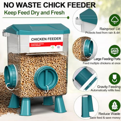 Chicken Feeder and Waterer Set, Automatic No Waste Poultry Feeding System, 26.5 lb Feeder & 11L Waterer, 4-in-1 Chicken Coop Kit with Vegetable Holder for Chickens, Ducks & Quail - size: 3 Gallon Upgraded