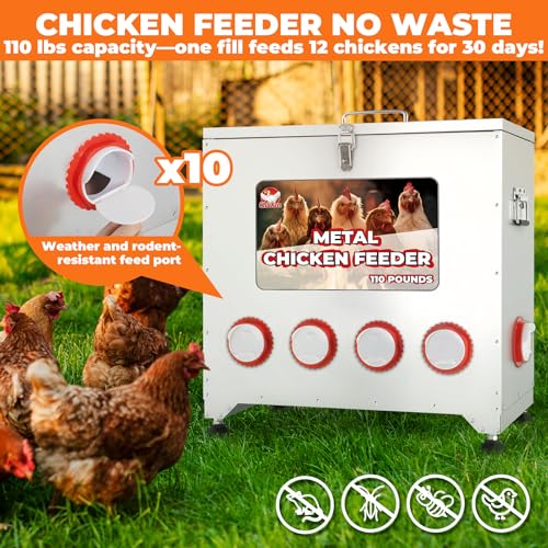 Sidasu 110 lbs Chicken Feeder No Waste-10 Port Large Chicken Feeder with Adjustable Height,Locking Lid,Rainproof-Metal Poultry Feeders for Chickens (Sliver, 23.76 * 22.78 in) - size: 110lbs