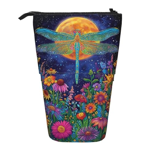 Dragonfly Moon Standing Pencil Case Cute Telescopic Stationary Pouch with Zipper Large Capacity Stand up Pen Bag Portable Makeup Holder for School Office Supplies - color: Dragonfly