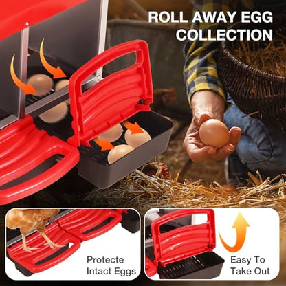 Chicken Nesting Boxes, 3 Compartments Egg Collection with Removable Drawer, Chicken Metal Laying Nest Box for Hens, Easy to Assemble, for Chicken Coop, Red - color: Red