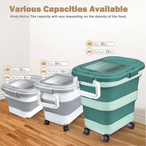 Komzon Rice Storage Container, Collapsible Airtight 10-40 Lb Rice Storage Container, 25lb Pet Dog Food Storage Container, Rice Dispenser Bin with Cup and Scoop for Flour Cereal Pasta Grain, Cat Bird - size: 15-40 Lbs
