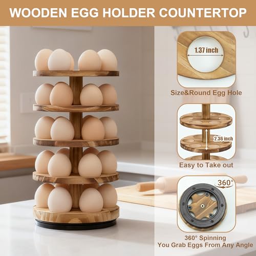 Wooden Fresh Egg Holder Countertop, 5 Layer Rotating Countertop Egg Holder for Fresh Eggs, Stackable with 30 Eggs for Countertop Kitchen, Pine - color: Natural