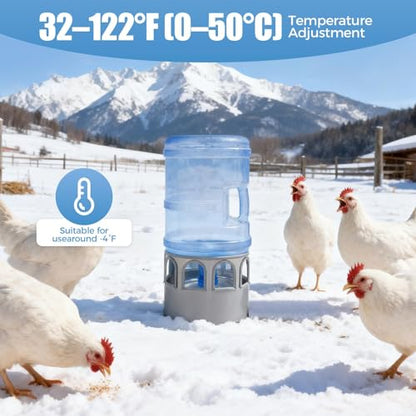 Chicken Water Heater, 5 Gallon Heated Chicken Waterer, Stainless Steel Heated Waterer for Chickens with Thermostat, Freeze-Proof Design, 50W Auto-On/Off, 110V