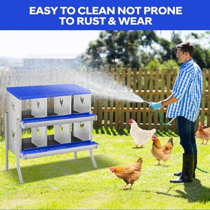 Removable Tray & Two-Tier Build - Chicken Nesting Box for Small Animals - 6 Compartments, Roll Away Metal Egg Laying Box, Large Vented Holes, Wall Mount or with Legs, Easy Clean - Blue, 84.5cm - color: Blue | 6 Compartments+legs