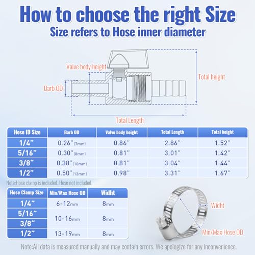 3/8" Hose ID Barb Ball Valve, 304 Stainless Steel Dual 10mm Barb Mini Heater Hose Shut Off Valve with Clamps for Fuel, Gas & Water Lines - size: 3/8 Inch