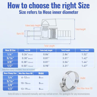 3/8" Hose ID Barb Ball Valve, 304 Stainless Steel Dual 10mm Barb Mini Heater Hose Shut Off Valve with Clamps for Fuel, Gas & Water Lines - size: 3/8 Inch