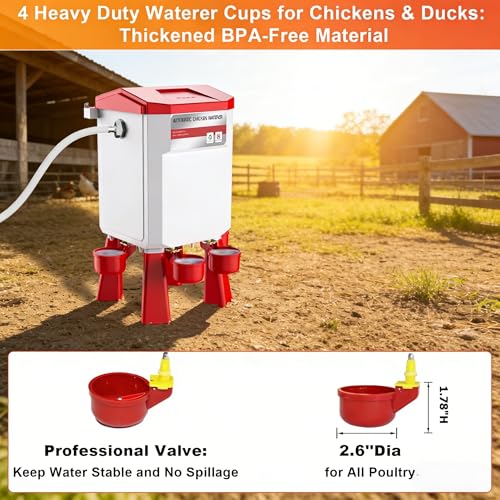 2 Gallon Automatic Chicken Waterer with Float Control, Hanging & Standing Poultry Water Feeder for Chickens, Ducks, Quail, Connect to 3/4'' Faucet & Hose, Easy Installation & Reliable Supply (Red)