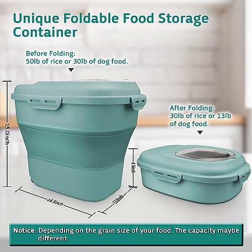 Komzon Rice Storage Bin Cereal Containers, 13-50lb Collapsible Rice Container Dispenser with Transparent Lid, Rolling Wheels, Measuring Cup and Scoop, Airtight Dog Cat Pet Food Storage Container Green - color: Green