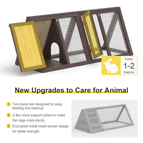 Rabbit Hutch, Small Chicken Coop Outdoor A-Frame Quail Cage with 2 Door & Run Cage Wooden Triangle Quail Hutch with Ventilating Wire Poultry Hutch for Small Animal (Brown) - color: Brown