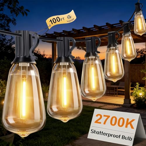 100FT Outdoor String Lights, Waterproof Patio Lights with Clear Shatterproof Plastic ST38 Vintage Edison Bulbs, Connectable Outside Hanging Lights for Backyard, Porch, Deck, Balcony, Garden, 2700K - size: 100FT-120V