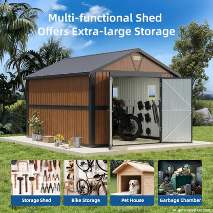 10x12 FT Outdoor Storage Shed, Metal Garden Shed with Floor, Lockable Doors and Windows, Large Tool Shed for Backyard, Patio and Lawn - size: 10x12 FT with Base