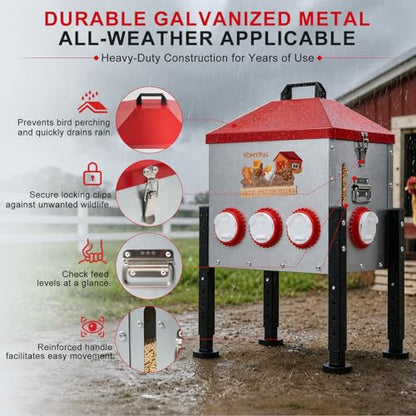 Automatic Chicken Feeder, 55LB Large Chicken Feeder with 8 Feeding Ports, No Waste Metal Poultry Feeder, Rat Proof Design, View Window, Height-Adjustable Legs for Ducks, Geese & Chickens - size: 8 Ports - Max 55 lb
