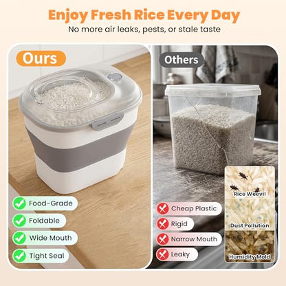 50 Lbs Rice Storage Container with Wheels, Collapsible Airtight Dog Food Storage Container with Transparent Lid, Measuring Cup, Scoop, Handle, BPA Free Rice Holder for Pet Food, Grain, Bird Seed - color: Grey/50lbs