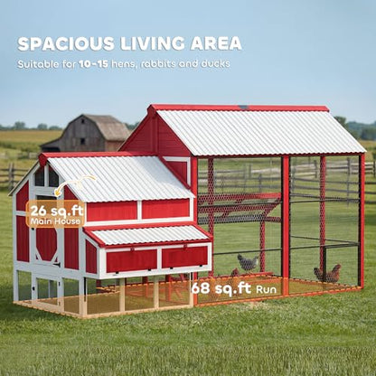 PawHut 187.3" Large Chicken Coop, Walk-in Wooden Hen House, Outdoor Poultry Cage w/Shovel, Run, Waterproof Roof, Nesting Box, Perches, Chicken House for 10-15 Hens, Rabbits, Ducks, for Farm Backyard