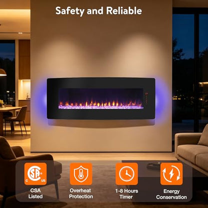 48" Curved Glass Electric Fireplace, Wall Fireplace Electric with Remote Control, 4 Adjustable Flame Colors, Wall Mounted/Freestanding, 1400W Fireplace Heater, Backlight, 3 Media Bed, Timer - size: 48 Inch Standard