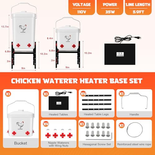 3 Gallon Heated Chicken Waterer Poultry Automatic Drinker Heater Bucket Winter Adsjustable Chicken Drinker Anti-Freezing Heated Waterer Chick Coop Watering System White-2.8 Gallon