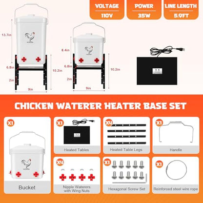 3 Gallon Heated Chicken Waterer Poultry Automatic Drinker Heater Bucket Winter Adsjustable Chicken Drinker Anti-Freezing Heated Waterer Chick Coop Watering System White-2.8 Gallon