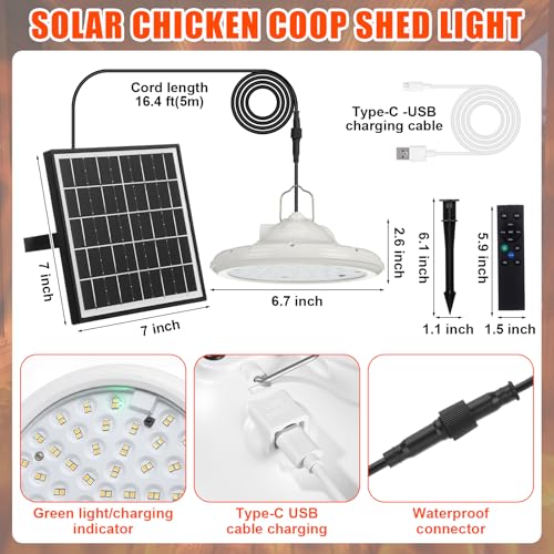 Solar Chicken Coop Light with Remote & Timer, Dusk to Dawn Hanging Pendant Light for Shed Barn Farm Poultry, Dual Charge(solar & USB), Waterproof Dimmable LED Ceiling Lamp with 14.7ft Cord