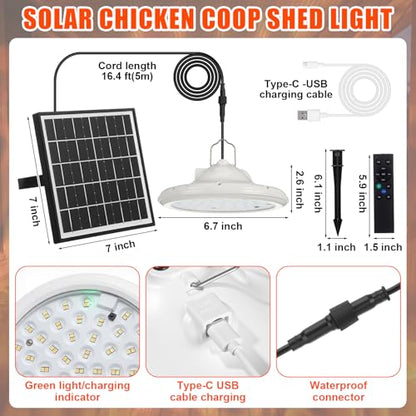 Solar Chicken Coop Light with Remote & Timer, Dusk to Dawn Hanging Pendant Light for Shed Barn Farm Poultry, Dual Charge(solar & USB), Waterproof Dimmable LED Ceiling Lamp with 14.7ft Cord