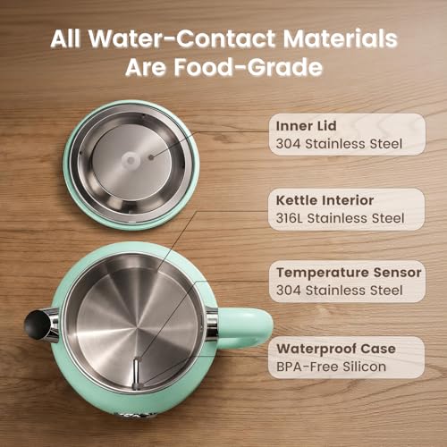 Mecity Retro Electric Kettle 1.7L, Stainless Steel Interior (No Plastic Contact), Double Wall Cool Touch, Fast Boil 1500W, Thermometer (°F/°C), Removable Lid, Wide Opening Easy Cleaning, 120V, Green - color: Light Green