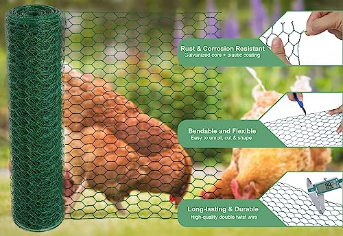 Mklsit Chicken Wire 15.7 x 315 Inches Chicken Wire Fencing Mesh Green PVC Coated Floral Chicken Wire for Crafts Poultry Garden, Hexagonal Galvanized Chicken Coop Rabbit Wire Fencing Netting - size: 15.7 x 315 Inches