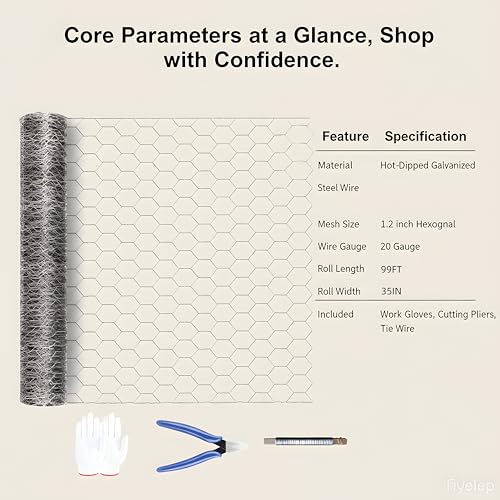 (35 inches x 99 feet) No. 22 Hexagonal Galvanized Metal Mesh, Chicken Wire Fence, Poultry Protective Netting, Cut-to-Size, Weather-Resistant, Includes Gloves, Pliers, and Wire - size: 35inch X 99FT