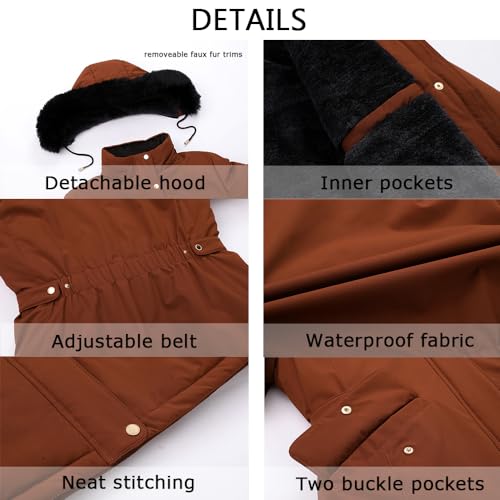 MOERDENG Women's Long Winter Down Coat Thicken Fleece Lined Parka Warm Puffer Jacket With Faux Fur Detachable Hood - color: Brown, size: 3X-Large