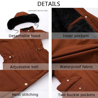 MOERDENG Women's Long Winter Down Coat Thicken Fleece Lined Parka Warm Puffer Jacket With Faux Fur Detachable Hood - color: Brown, size: XX-Large