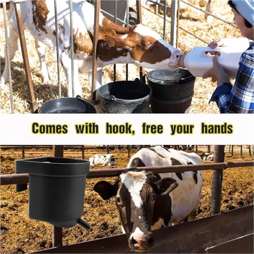 4 Quart Single Teat Calf Milk Feed Bucket, Hook Over Hanging Calves Feeder Bucket with Nipple, Mountable Plastic Livestock Feeder for Farm Stall Barn Cowshed Cattle Housing Feeding