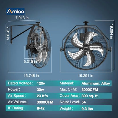 Amico 16 Inch Wall Mount Fan with Remote, 9-Speed Industrial Metal Fan, High Velocity Wall Fan with Brushless DC Motor, 3000 CFM Commercial Fans for Garage, Greenhouse, Warehouse, shop, Patio, Outdoor - size: 16 inch