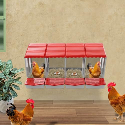 Chicken Nesting Box, 4 Compartment Hen Laying Boxes with Egg Collection, Wall Mountable Roll Away Nest, Heavy Duty Chicken Coop Laying Box for Home, Outdoor, Farm, Backyard (Red+Grey) - color: Red+Grey