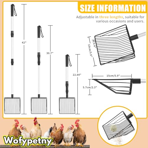 Chicken Poop Scooper & Rake, 3 in 1 Chicken Coop Scoop 23" to 42" Adjustable, Durable Metal Sifting Litter Shovel, Chicken Coop Accessories for Chickens Coop, Small Farm Animals, Cat Litter