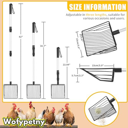 Chicken Poop Scooper & Rake, 3 in 1 Chicken Coop Scoop 23" to 42" Adjustable, Durable Metal Sifting Litter Shovel, Chicken Coop Accessories for Chickens Coop, Small Farm Animals, Cat Litter
