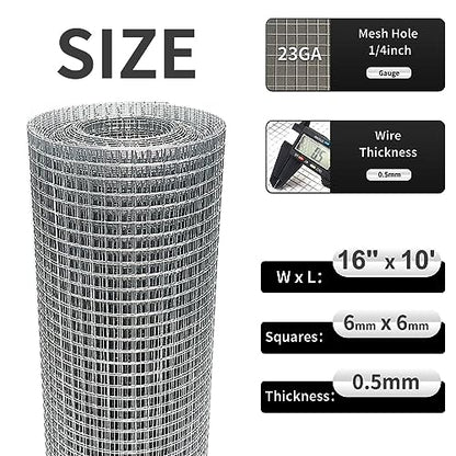 Hardware Cloth 16'' x 10' 1/4 in Galvanized Wire Mesh Roll (23 GA) Chicken Wire Fence Roll for Chicken Pen/coop Fences, Screen mesh, Rabbit/Snake Fences, Poultry enclosures, Handicraft Making, etc. - size: 16In x 10Ft
