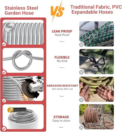 Lefree 50ft Metal Garden Hose - Heavy Duty 304 Stainless Steel Flexible Water Hose, No Kinks & Leak-Proof with Upgraded Handle, 10-Function Spray Nozzle for Balcony, Patio, Small Yard, Car Wash - color: Silver, size: 50FT