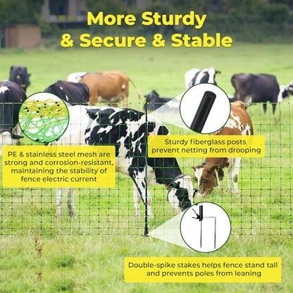 Electric Fence Netting, 164'L x 49.6" H, Portable Electric Fence for Livestock, Goat, Cattle, Sheep, PE Net Fencing Kit for Backyards, Ranches, Farms, Patio, Goat Fencing with 14 Posts Double Spiked