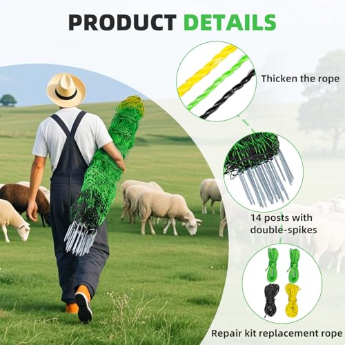 Electric Fence Netting,Livestock Neting,49.6" x 164' Portable Electric Net Fence for Goats,Sheep, Lambs,Hogs in Backyards,Farms,Ranches,Homesteads and Gardens,(14 Posts, 2 Spikes,Green) - size: 49.6" x 164'