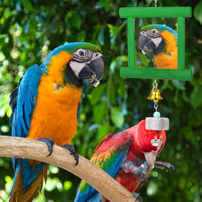Chicken Mirror Toys with Bells, Hanging Swing Mirror, Wooden Pecking Toy, Beak Grinding Molar Stones for Hens, Birds, Parrots, Xylophone, Sepak Takraw Toy