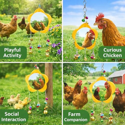 Chicken Mirror Toy with Bell, Wooden Hanging Playing Toy for Pet Chickens and Birds - Safe Non - Materials, Engaging Musical Entertainment, Ideal for Foraging and Gathering