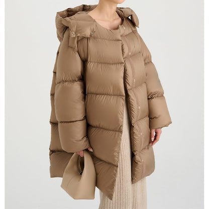 Women's Khaki Down Jacket Medium Length Loose A-line Detachable Hooded Warm