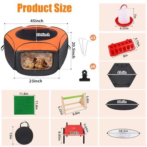 Brooder Box for Chick, 6-in-1 Chick Starter Kit, Includes Brooder Heating Plate, Baby Chicken Pen, Chicken Feeder, Waterer, Perch, Nesting Pad (Brooder Set) - color: Orange, Black