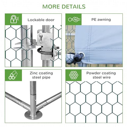 Walk-in 9.8Lx6.6Wx6.6Hft Galvanized Outdoor Chicken Pen with Reinforced FFor rame Lockable Mesh Door UV-Protective Cover Silver