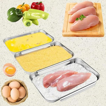 3-Piece Stainless Steel Breading Set – Interlocking Coating Trays for Chicken, Fish, Meat | Non-Slip, Dishwasher Safe, Oven Safe | Stackable Space-Saving Design for Flour, Egg (L-10.6" x 6.2") - size: 10.6" x 6.2" x 1.2"